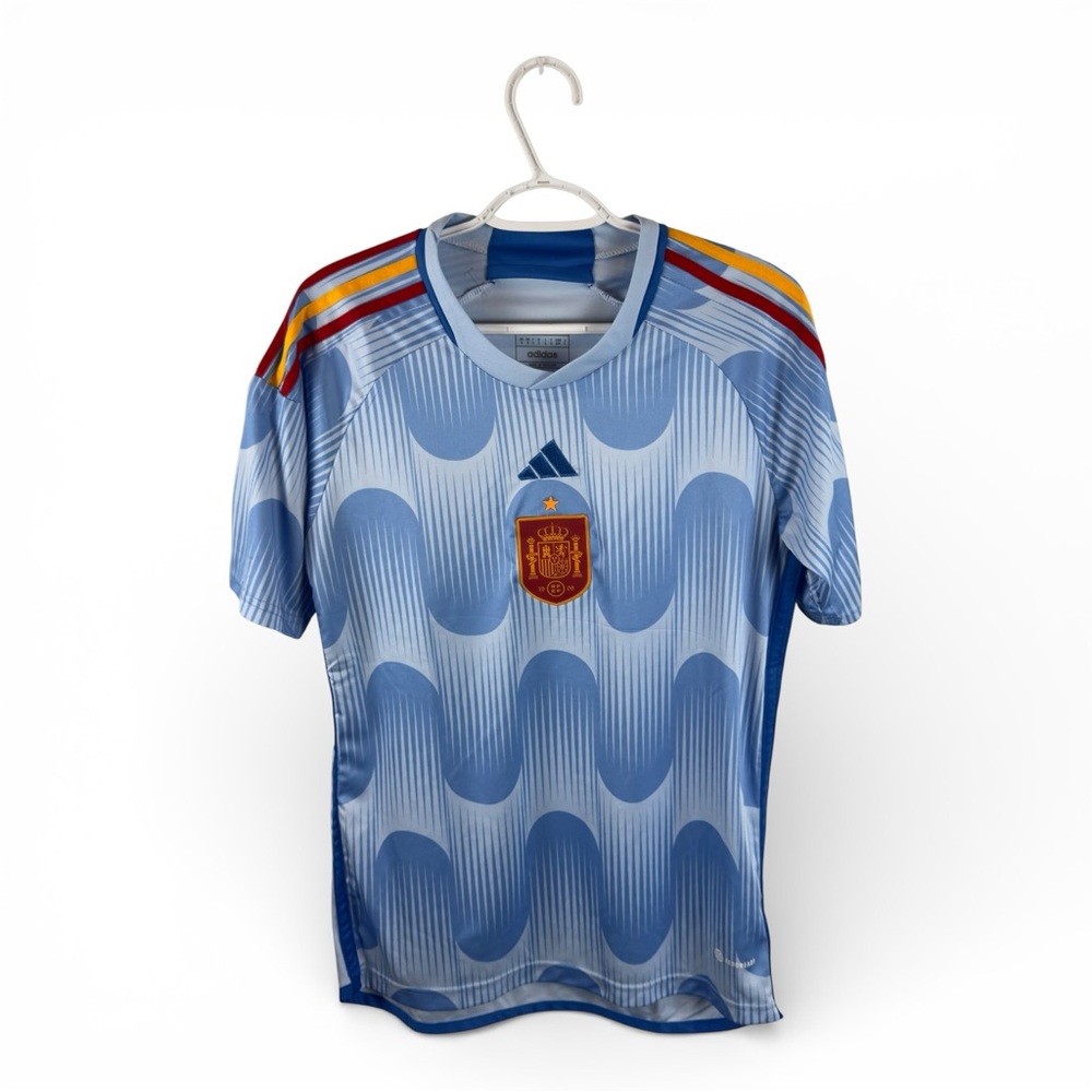 Adidas Light Blue Soccer Jersey with Multicolor Stripes Men’s Small